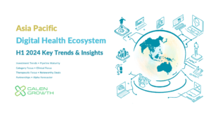 Asia Pacific digital health ecosystem infographic, showcasing key trends and insights for H1 2024, including investment trends, pipeline maturity, category and clinical focus, noteworthy deals, partnerships, and forecasting.
