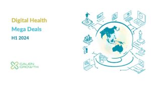 A graphic with a globe and various digital health icons, representing the theme of mega deals in the digital health industry in the first half of 2024.