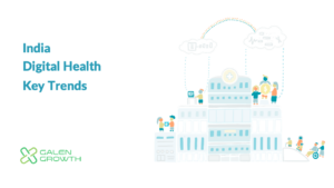 India digital health key trends, illustrated with hospital, people, and technology symbols.