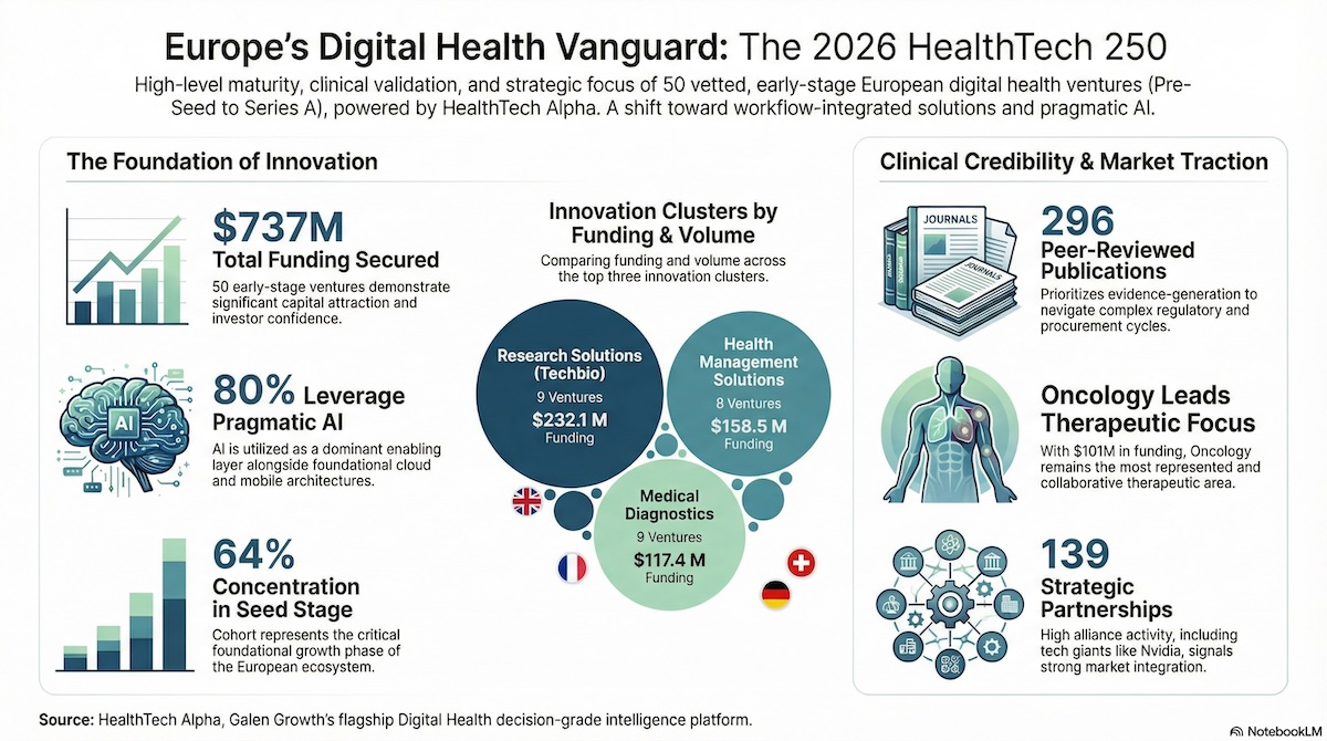 HealthTech 250 Europe 2026 cohort highlighting 50 early-stage digital health startups across AI, oncology, diagnostics, and health management solutions.